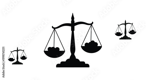 Scales of justice icons represent legal balance and fairness in a professional courtroom setting.
