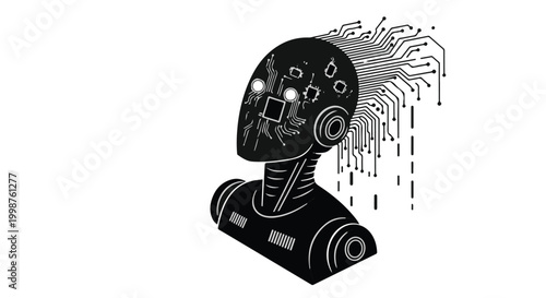 Robot head features intricate electronic circuitry and glowing nodes to symbolize artificial intelligence and advanced technology.