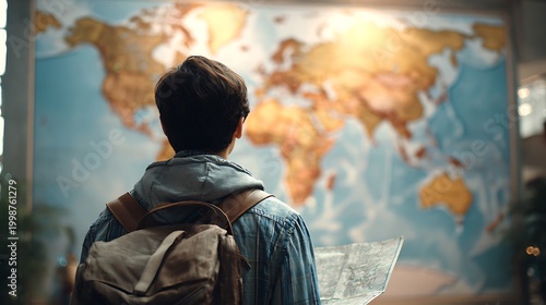 Young Traveler with Backpack Gazing at Illuminated World Map.