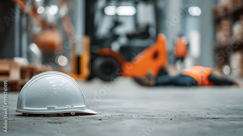 Safety helmet on concrete floor in industrial warehouse after an accident, emphasizing workplace safety.