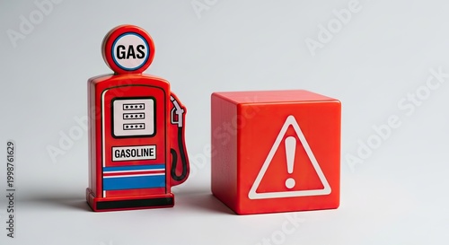 Miniature red gas pump and warning sign, isolated on a clean white background, fuel cost Concept.
