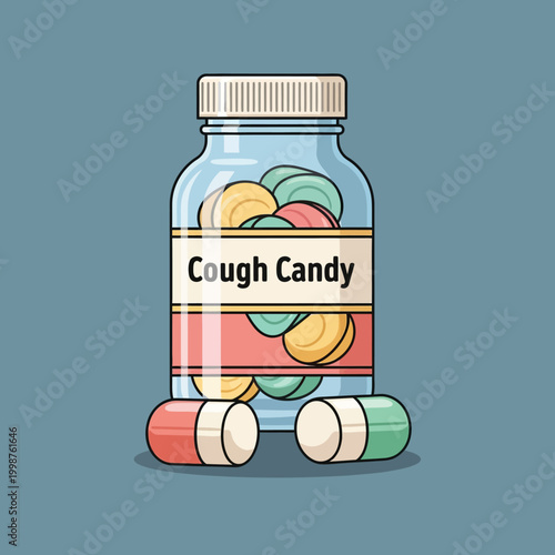 Bottle of Cough Candy Pills and Capsules.