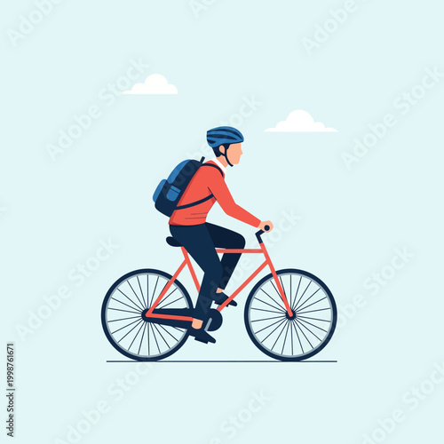 Man riding a bicycle wearing a helmet and backpack.