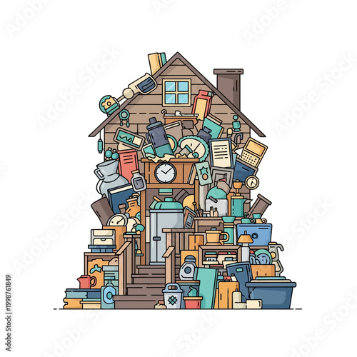 House overloaded with clutter and disorganized items illustration.