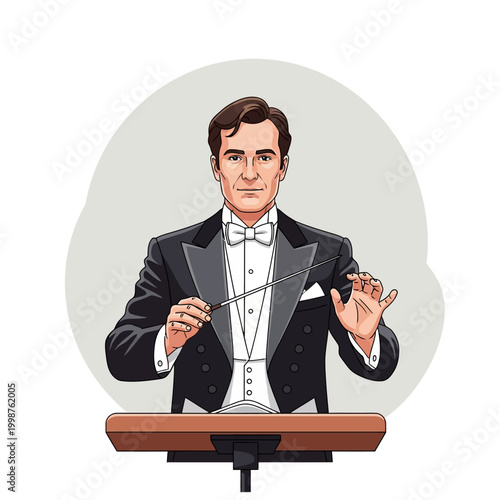 Orchestra conductor in formal attire leading a performance.