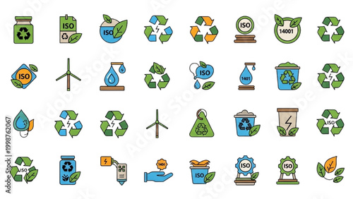 ISO 14001 Environmental Management System Vector Icon Sheet, Eco-Green Leaf Symbols for Sustainability, Corporate Ecology, and Nature Conservation