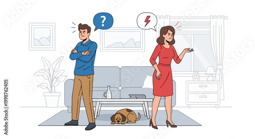 Couple arguing at home with dog.