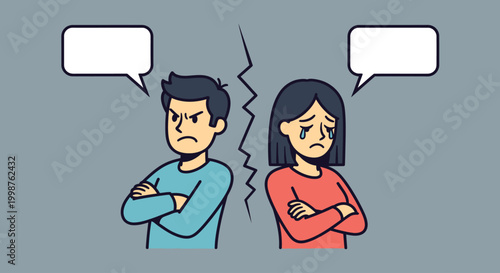 Cartoon couple in disagreement with speech bubbles.