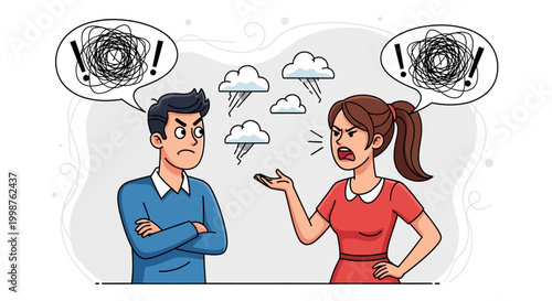 cartoon couple arguing with angry thoughts.