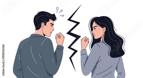 Angry couple with clenched fists facing each other.
