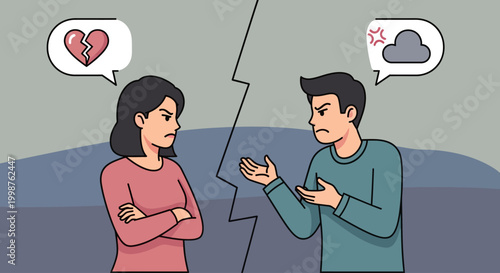 Couple in conflict with emotional expressions.