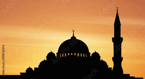 Silhouette of a mosque at sunset.
