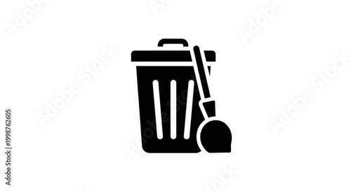 Black Trash Bin with Cleaning Brush Icon on White Background