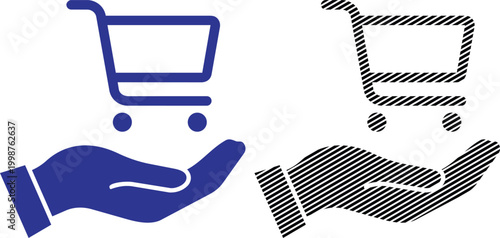 Shopping cart on hand illustration, vector icon representing online shopping, delivery, or consumer services.