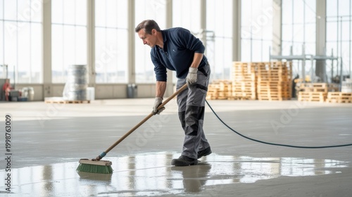 A male worker diligently cleans a wet concrete floor in a large industrial warehouse with a longhandled brush and water