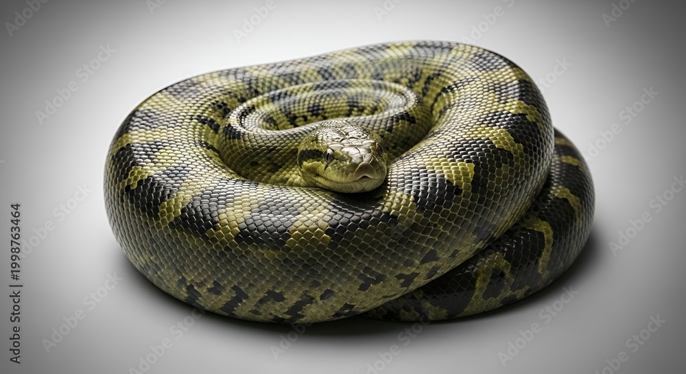 Fototapeta premium Coiled Anaconda Snake with Yellow and Black Pattern, Reptile Portrait