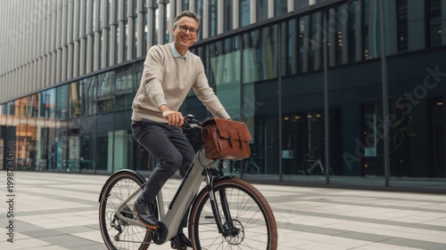 Smiling man in casual business attire riding a modern bicycle with a leather bag through a contemporary city street, enjoying his commute