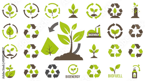 Bioenergy and Circular Economy Vector Icon Sheet, Lime Green and Earth Tone Plant Symbols for Renewable Energy, Waste-to-Energy, and Eco Sustainability