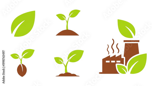 Bioenergy and Circular Economy Vector Icon Sheet, Lime Green and Earth Tone Symbols for Renewable Energy, Biomass, and Sustainable Resource Management