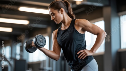 Focused young woman in athletic wear performing bicep curls with a dumbbell in a modern gym, demonstrating strength and dedication to her fitness routine
