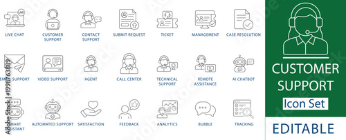 Customer Support and Service Icon Set: Professional Call Center, AI Chatbot, Help Desk, Technical Assistance, Support Ticket, Feedback, 24/7 Hotline, and Online Customer Experience Line Icons.