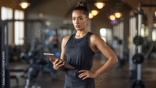 Confident female personal trainer or gym owner standing in a modern fitness center, holding a digital tablet and looking focused