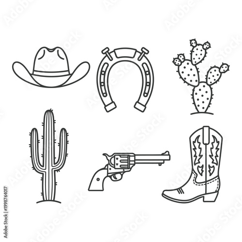 Collection of Western style icons featuring cowboy hat boots cactus revolver and cactus plants isolated design