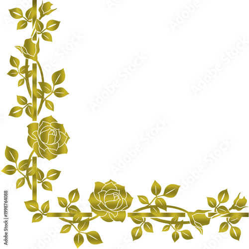 Gold Rose Floral Corner Frame Decorative Illustration Isolated on White