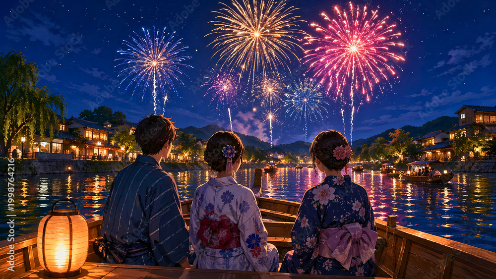 Fototapeta premium People watching summer fireworks from a boat on a river at night