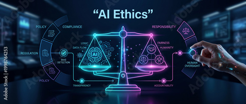 AI ethics balanced on scales with human oversight and digital concepts in a futuristic setting