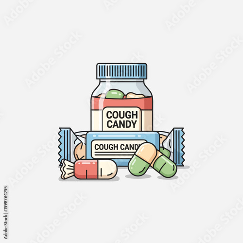 Cough candy and medicine capsules for relief.