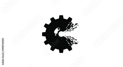 Gear mechanism features a circular cog with a disintegrating edge that reveals a small organic cell structure.
