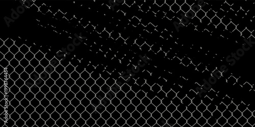 Holes in wire mesh of steel fence vector illustration. 3d realistic torn metal chains of net cage or construction barrier, broken boundary iron wires and chainlink of prison or metallic safety border.