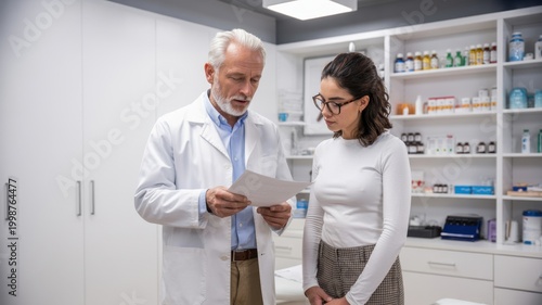 Senior doctor in a white lab coat explaining medical information to a young female patient during a consultation in a clinic