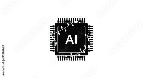 A central microchip with the letters 'AI' on its surface is adorned with a decorative string of lights.