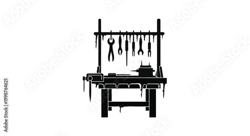 A workbench displays a vise and an assortment of tools hanging on a rack above.