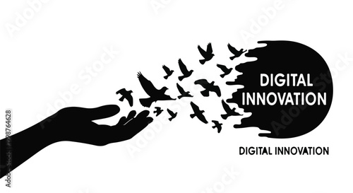 A silhouette of a hand releases a flock of birds that transform into the words 'DIGITAL INNOVATION' with a dissolving effect.