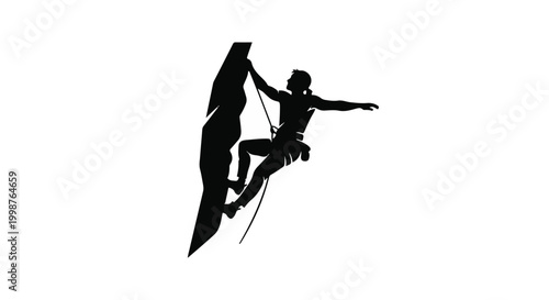 Climber silhouette ascends a steep rock face while securely attached to a safety rope in a test of endurance and physical skill.