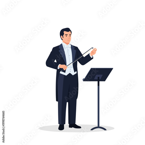 Orchestra conductor in tuxedo leading music performance.