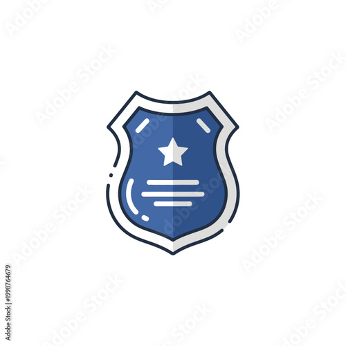Blue Police Badge Icon with Star and Lines.