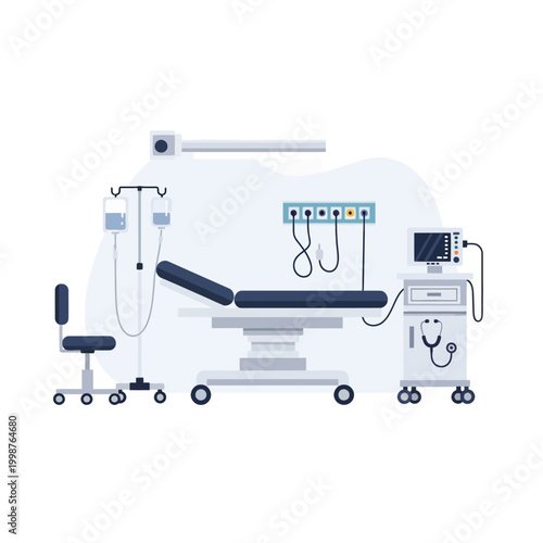 Medical examination room equipment with patient bed and monitor.