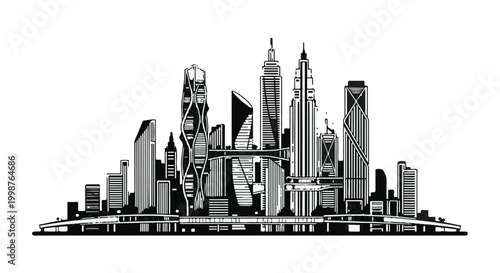 Skyscrapers form a modern urban skyline silhouette that represents a dense city center with diverse architectural structures and tall towers.