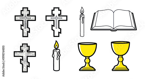Christian Religious Symbols: Crosses, Candles, Bible, Chalice Icons