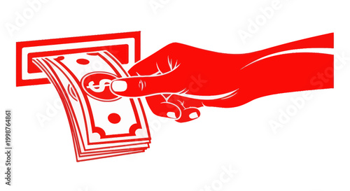 Hand withdrawing money from ATM, financial transaction, cash withdrawal, red vector illustration