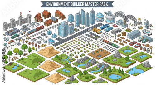 Isometric Cityscape Elements and Landscape Tiles for Game Design.
