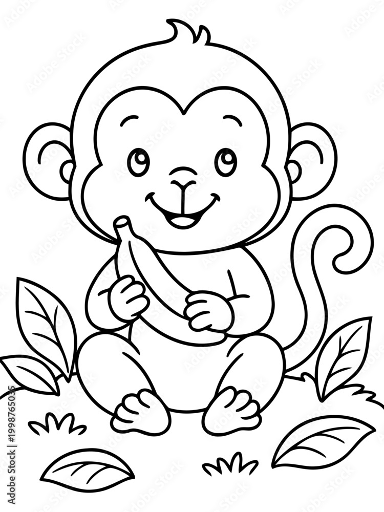 Obraz premium Monkey Munching on a Banana: A cheerful little monkey sits happily, enjoying a tasty banana, with a delightful and fun atmosphere, creating a joyous and engaging scene.