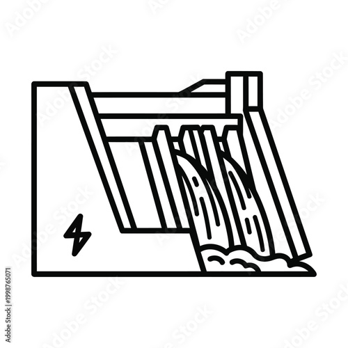 Black and white line art illustration of a hydroelectric dam generating power.