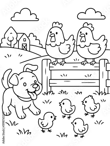 Farmyard Frolic: A charming illustration depicts a playful pup joyfully interacting with a group of chicks, watched over by two curious hens, amidst the backdrop of a serene farm scene.