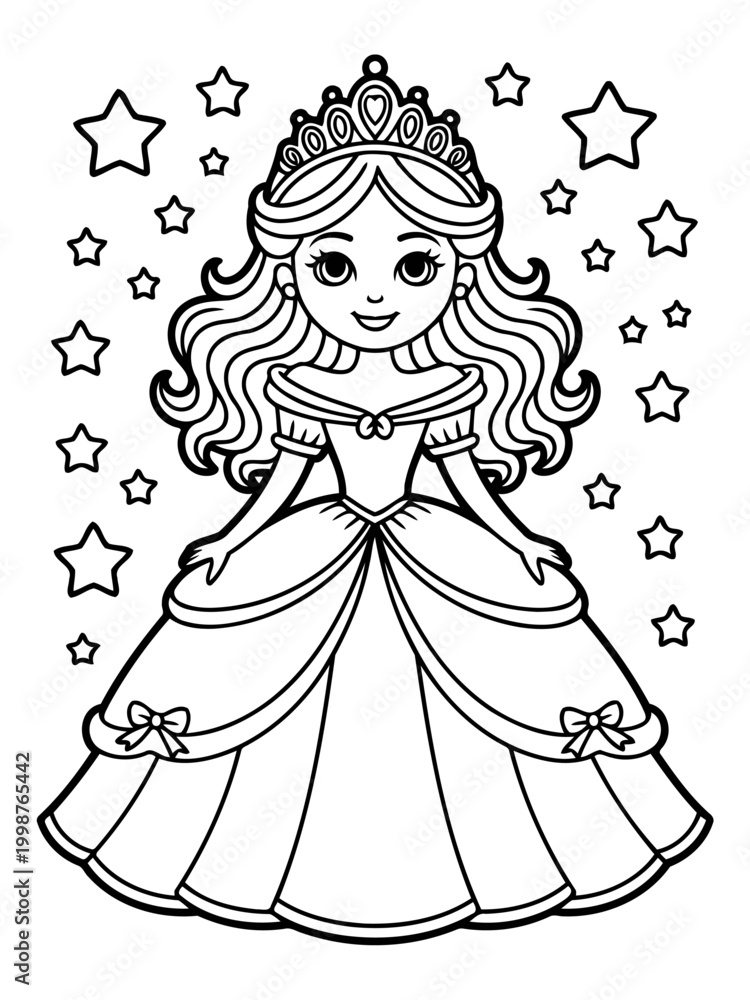 Fototapeta premium Princess Illustration: Enchanting depiction of a princess, adorned in a regal gown and sparkling tiara, surrounded by twinkling stars. It is an image of elegance and dreams.