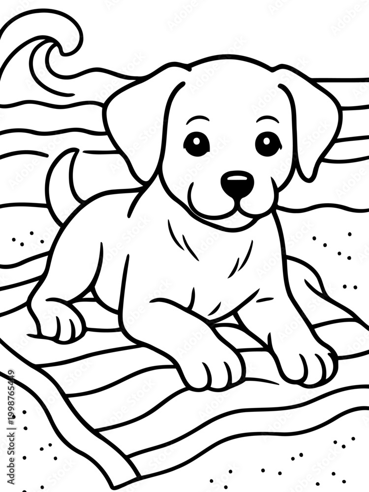Fototapeta premium Puppy Beach Relaxation: A charming puppy enjoys a sun-soaked day, lounging on a beach towel with the ocean's waves. A perfect blend of joy and relaxation.